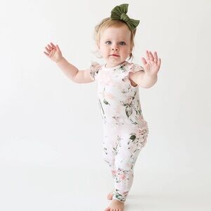 Posh Peanut // Vintage Pink Rose Longall Romper Bamboo Cap Sleeves Ruffle Butt
